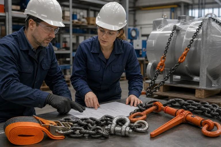 Engineers reviewing lashing chains, hooks, binder and ratchet webbing beside an industrial load