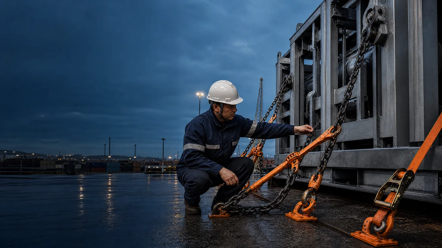 Cargo-securing engineer inspecting lashing chains and binders on an industrial project load at a port