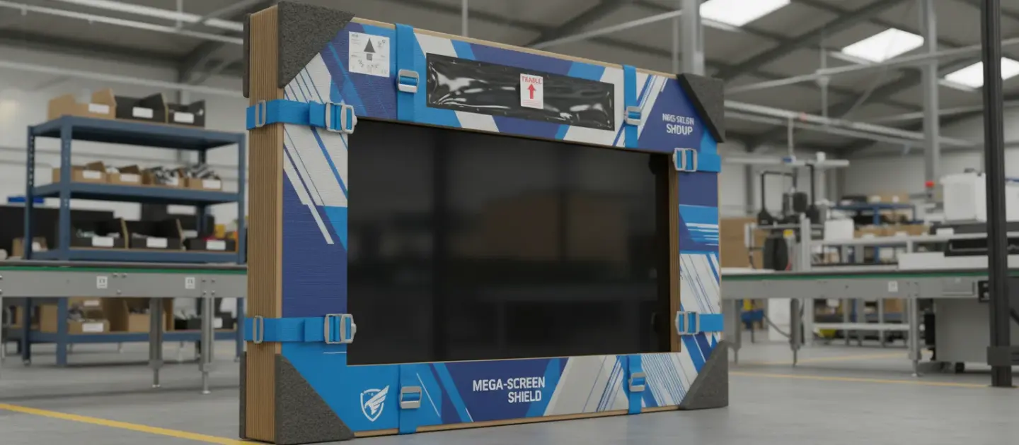 Custom foam-padded transit frame for large screen display with corner protection and strapping
