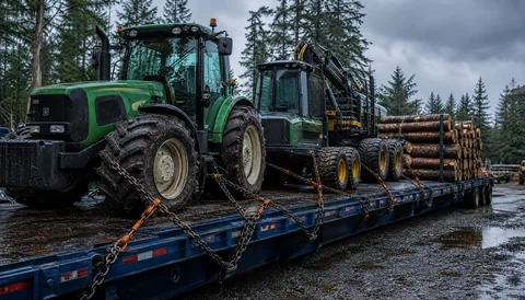 Tractor and forestry machinery secured near a timber staging yard