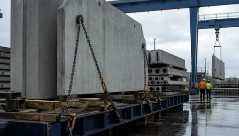 Precast concrete panels secured on a steel transport skid at a construction yard