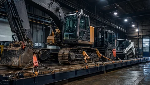 Excavator, forklift and compact loader secured on an indoor staging platform