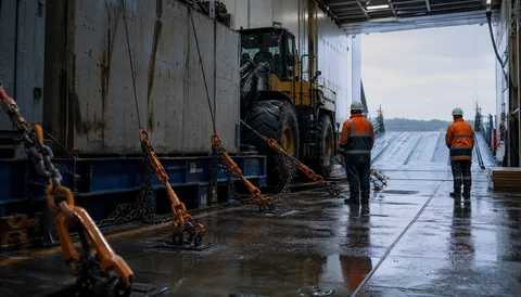 Construction machine secured with chains on a Ro-Ro vessel deck
