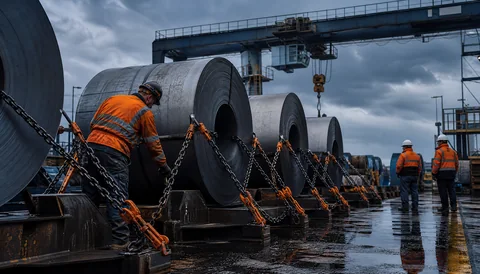 Steel coils secured with lashing chains in a steel mill yard