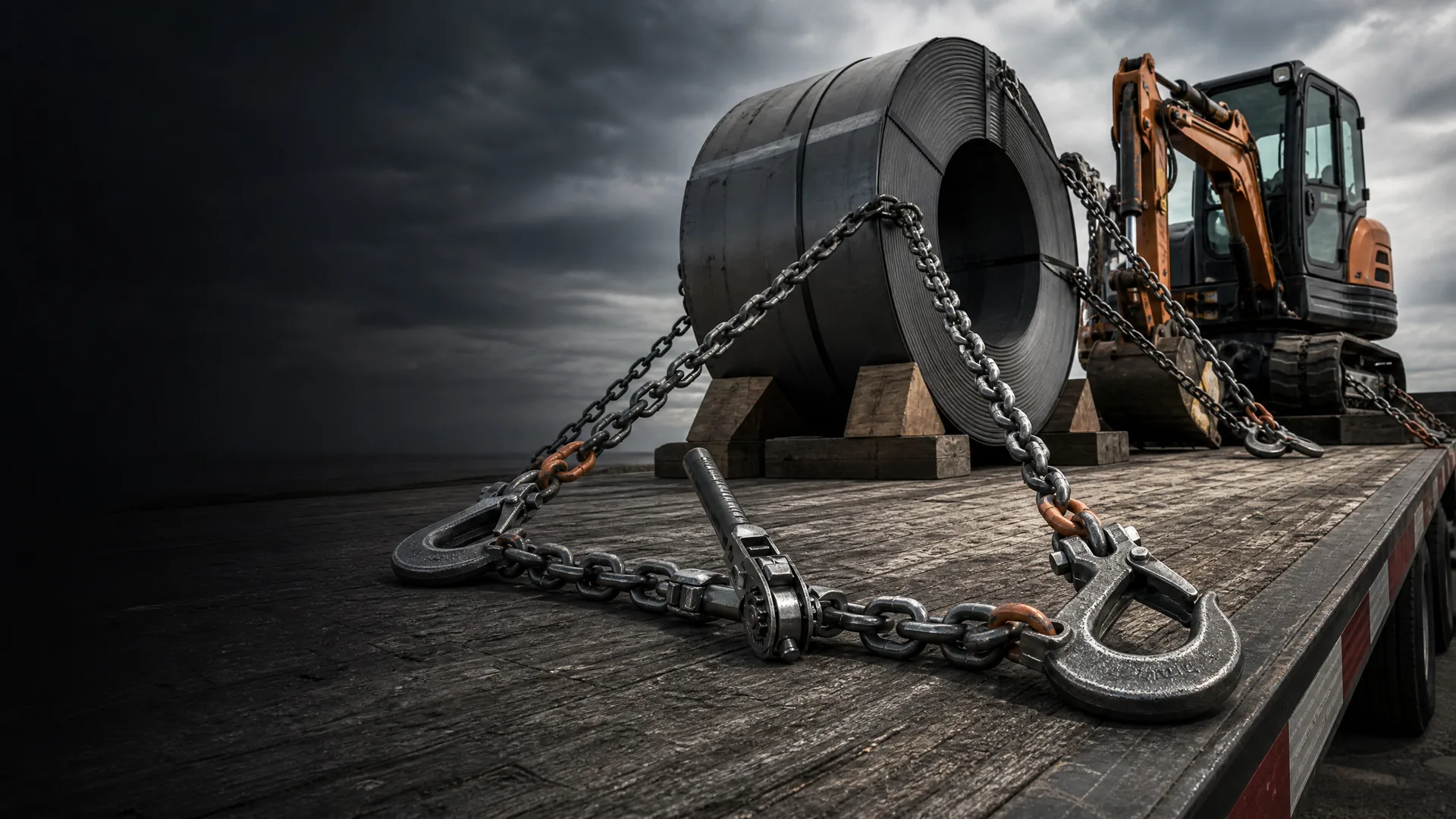 G70 lashing chain, forged hooks and ratchet binder securing a steel coil on a flatbed trailer