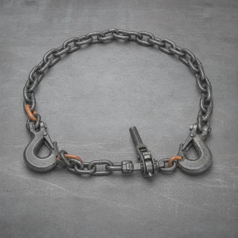 Heavy cargo secured with lashing chains and load binders on a flatbed trailer