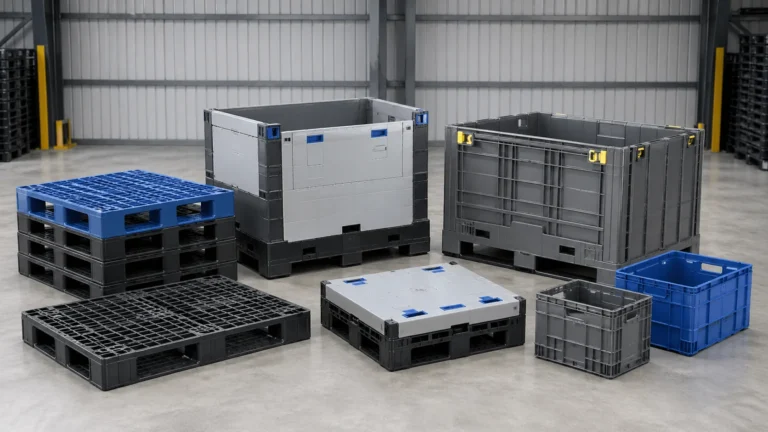 A range of lashing chains and bulk containers displayed in a warehouse, including black and blue pallets, large grey collapsible pallet boxes, and stackable storage crates