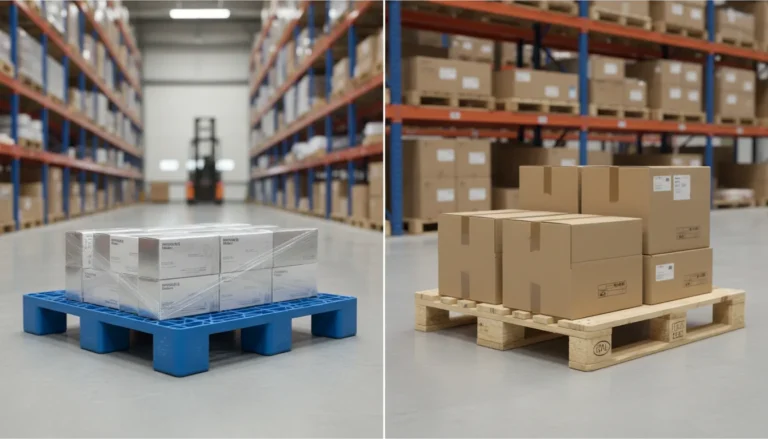Comparison of blue lashing chain and wooden EPAL pallet loaded with cartons in warehouse