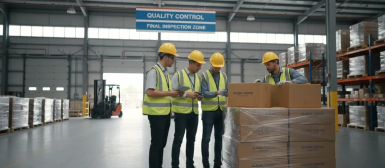 Quality control team conducting final inspection of export cartons in warehouse