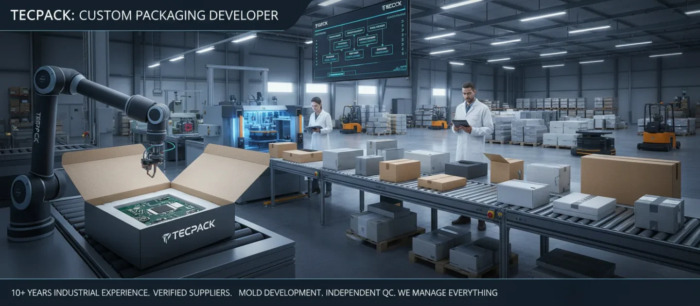 LashLok packaging production line with robotic arm, quality inspectors, and conveyor system