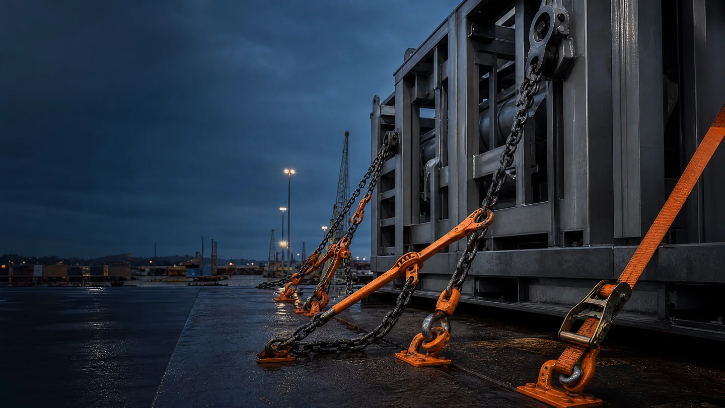 Lashing chains, hooks, binder and ratchet strap securing an industrial project module at a port