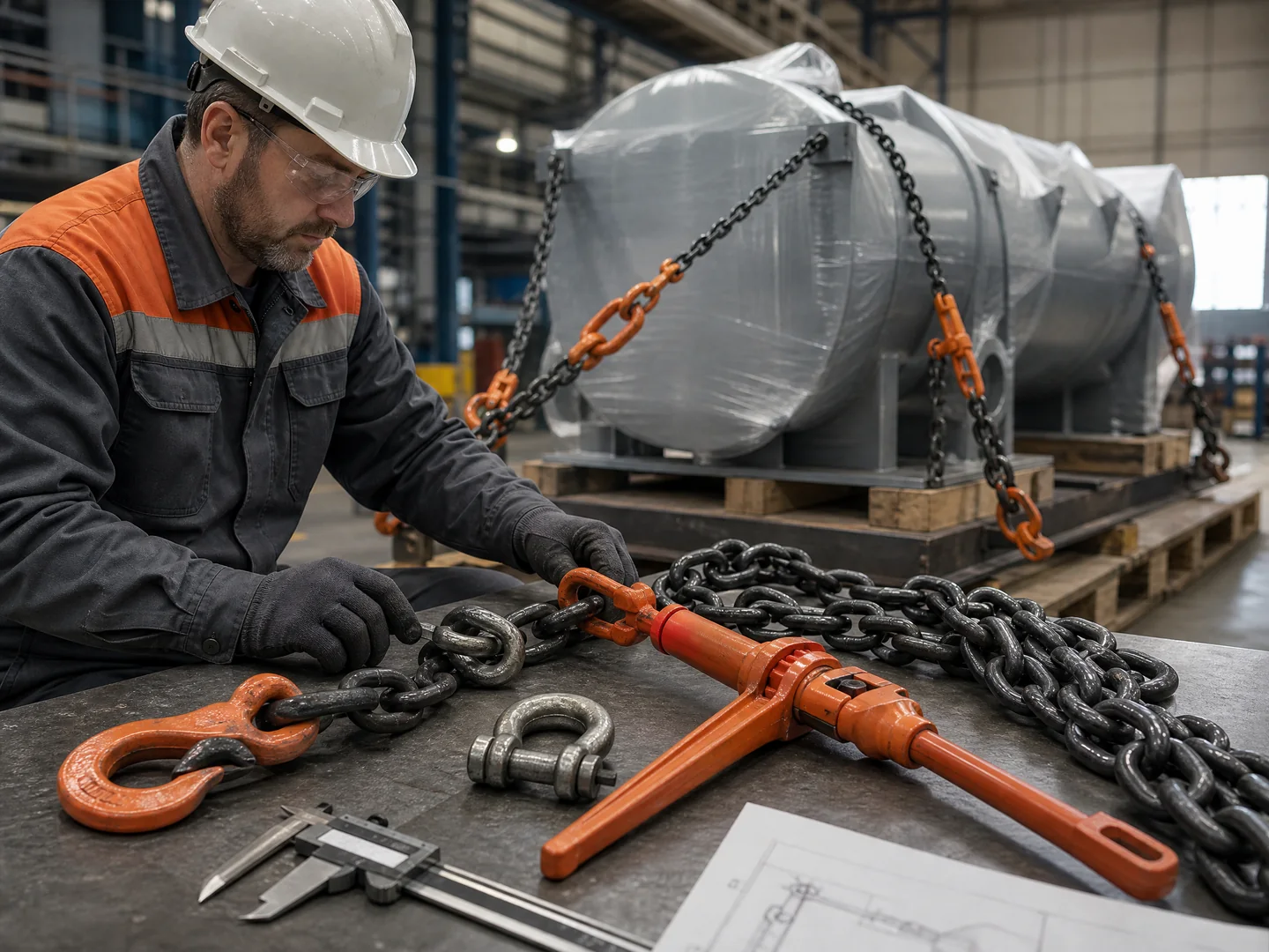 Engineer reviewing a lashing chain, hooks, binder and shackle configuration beside an industrial load